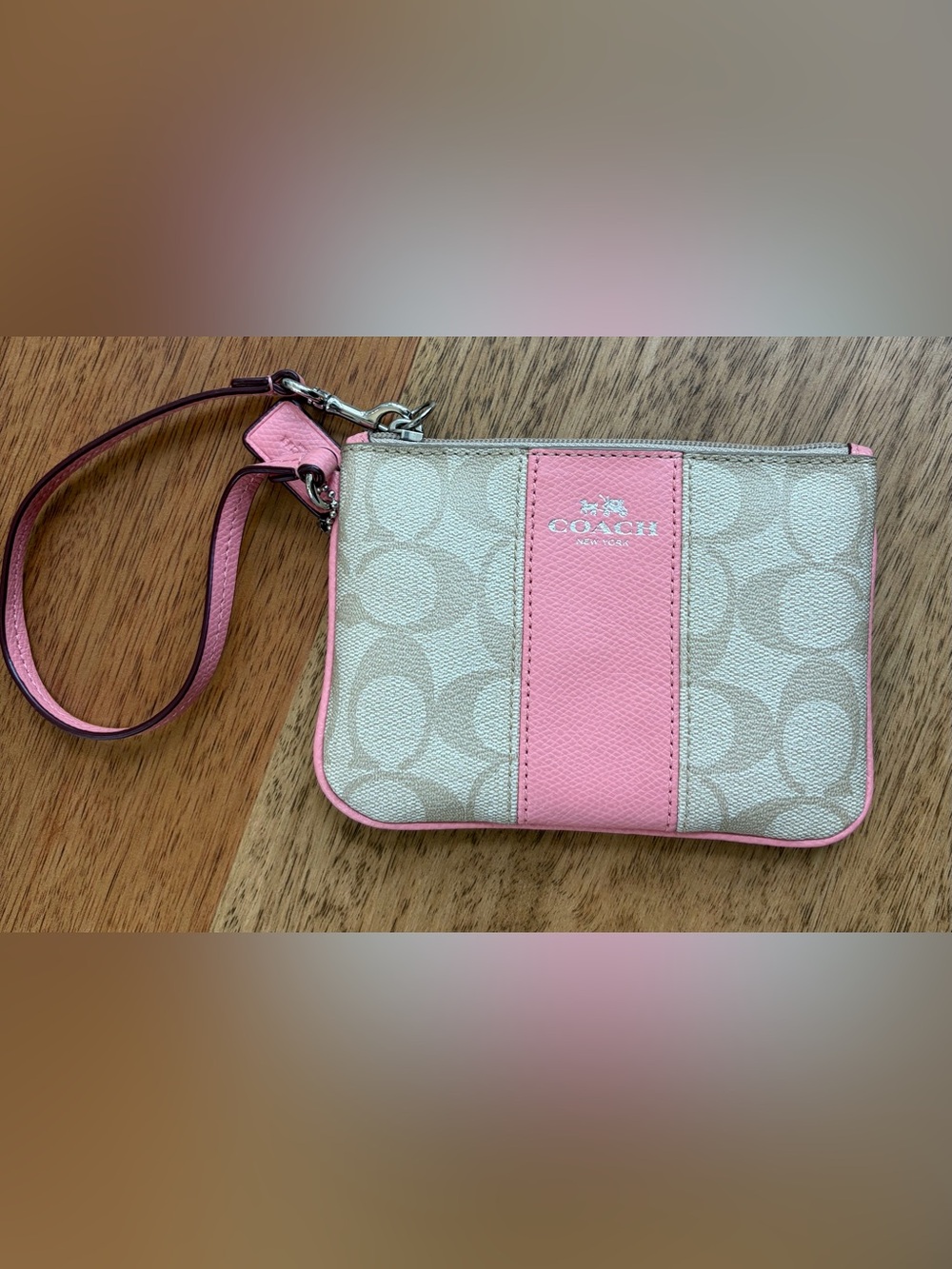 Coach Signature Canvas Wristlet in Pink and Tan